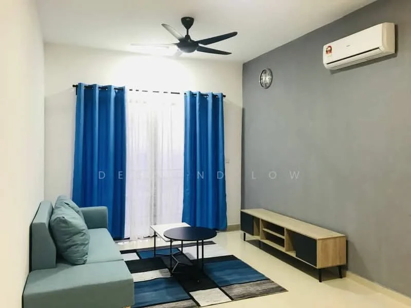 Living features: 3-seater fabric sofa in light blue, coffee table with black metal frame, TV console with wooden finish, area rug with geometric pattern in blue and grey, floor-to-ceiling windows with sheer curtains, blue curtains, 1 wall-mounted split AC, ceiling fan with 3 blades, wall clock, light grey painted walls, cream tiled flooring; style: modern.