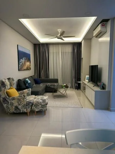 Living features: 5-blade ceiling fan with light, recessed downlights, floor-to-ceiling windows, sheer curtains, grey fabric sectional sofa, floral patterned armchair, coffee table, TV console, wall-mounted TV, area rug with geometric pattern, white painted walls, glossy tile flooring, air conditioning unit; style: modern.