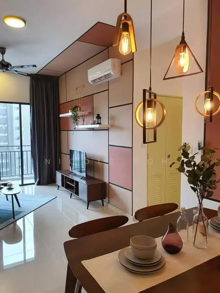 Living features: sofa in light grey fabric, coffee table, TV console in wood, wall-mounted TV, pendant lighting with Edison bulbs, ceiling fan, recessed downlights, floor-to-ceiling windows, sliding glass door, curtains in dark grey, decorative wall with geometric patterns, white tiled flooring, greenery in ceramic pot; style: modern; view: city. Dining features: dining table for four, dinnerware on table, decorative vase, table runner, wooden dining chairs; style: modern.
