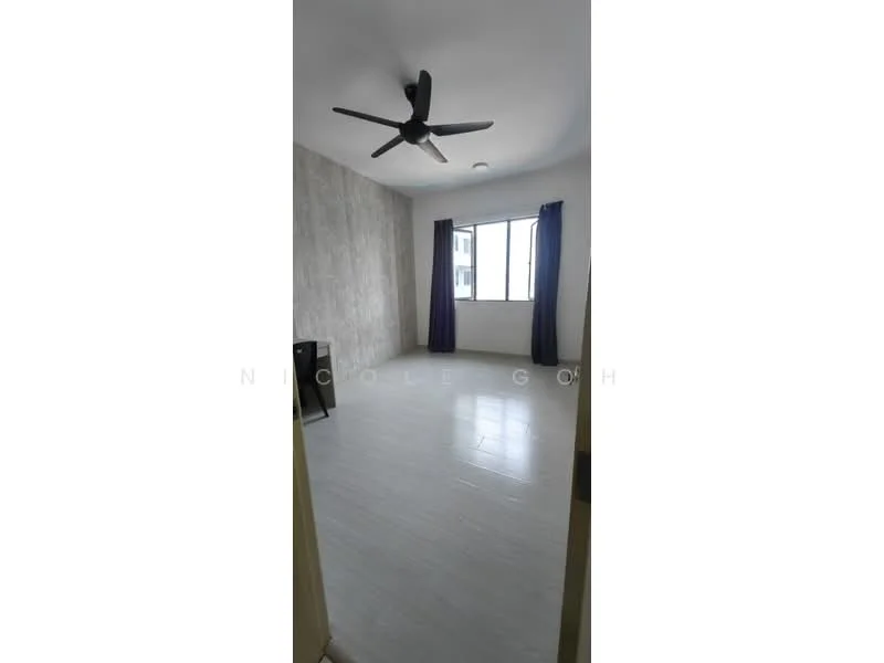 Room features: light grey accent wall, white painted walls, vinyl plank flooring, 5-blade ceiling fan, floor-to-ceiling window, dark curtains, natural light, minimalist decor; style: modern; view: city.