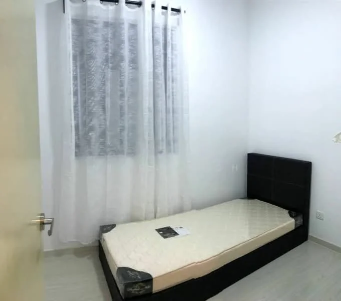 Bedroom features: single bed with mattress, white painted walls, light-colored flooring, floor-to-ceiling window, sheer white curtains, black upholstered headboard, nightstand, built-in wardrobe; style: modern.