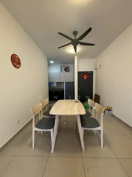 Dining features: rectangular dining table in light wood, 4 upholstered dining chairs in grey, ceiling fan with 3 blades, white painted walls, tile flooring in light grey, refrigerator visible in background, kitchen cabinetry visible in background, wall-mounted air conditioning unit, decorative wall hanging; style: modern.