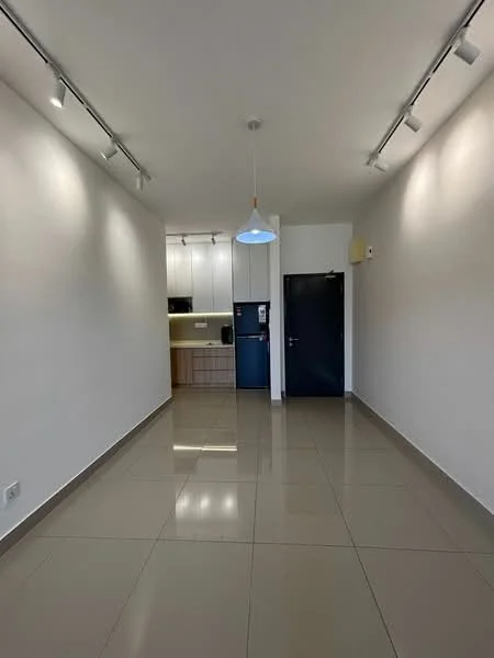 Room features: white painted walls, glossy ceramic tile flooring, recessed LED downlights, track lighting, single pendant light, open kitchen layout, kitchen cabinetry, fridge, door to exterior; style: modern.