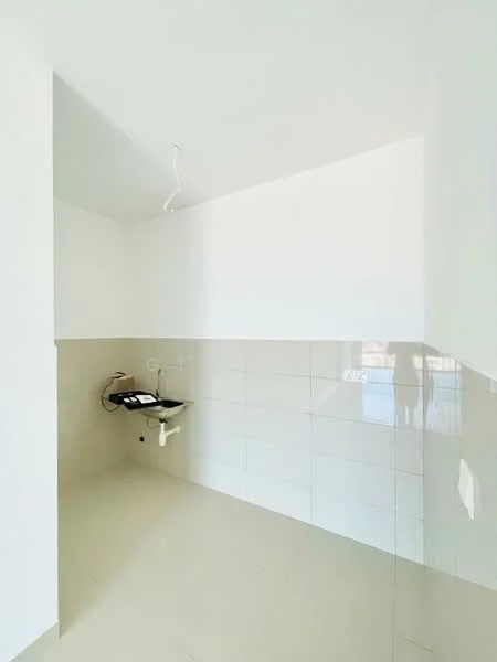 Laundry features: white painted walls, glossy ceramic tile flooring, single-bowl sink, wall-mounted faucet, plumbing connections visible, light fixture hanging from ceiling.