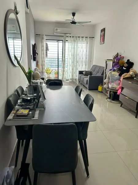 Dining features: 6-seater dining table, black dining chairs, white walls, sliding glass door, floor-to-ceiling windows, curtains, ceiling fan, tile flooring, decorative wall art, greenery view from window, sofa in grey fabric, storage cabinet, stuffed toys, decorative plants; style: modern; view: garden.