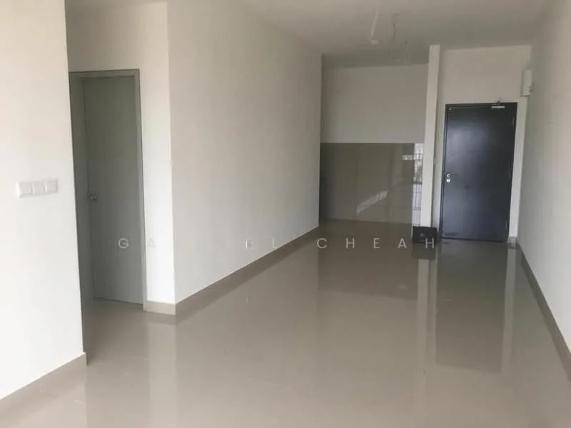 Room features: white painted walls, glossy ceramic tile flooring, single door, door frame, window frame, neutral color scheme, recessed ceiling lights, no visible furniture; style: modern.