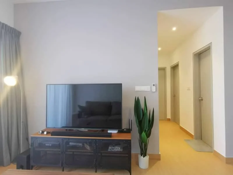 Living features: grey painted walls, light wood flooring, 3-seater fabric sofa in grey, TV console with black mesh doors, wall-mounted TV, floor lamp, decorative plant in white pot, curtains, recessed downlights; style: modern. Room features: doorway leading to other rooms, grey painted walls, light wood flooring.