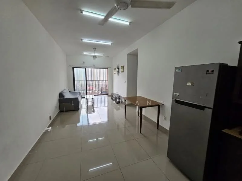 Living features: grey fabric sofa, dining table with four chairs, stainless-steel fridge, ceramic tile flooring, white painted walls, ceiling fan, sliding glass door, natural light from door, recessed ceiling lights; style: modern.