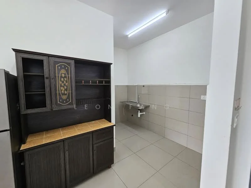 Kitchen features: black wooden cabinetry, tile backsplash, stainless-steel sink, single-bowl sink, countertop with beige tiles, grey tiled flooring, fluorescent ceiling lights, wall-mounted faucet; style: modern.