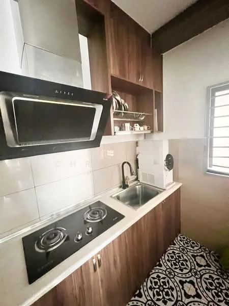 Kitchen features: brown wooden cabinetry, white countertop, stainless-steel sink, chrome pull-down faucet, built-in oven, 4-burner gas hob, exhaust hood, white tiled backsplash, black and white patterned flooring, window with grille, open shelving; style: modern.