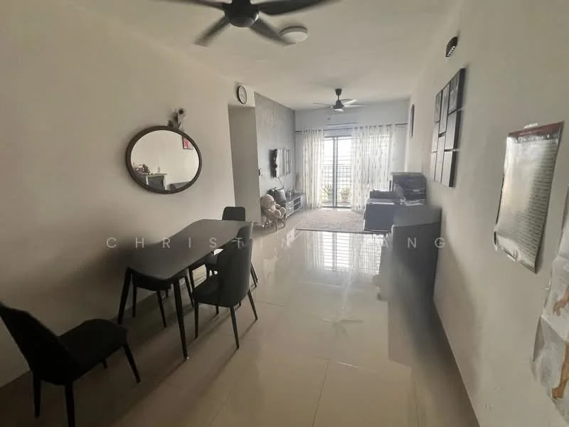 Living features: glossy tile flooring, white painted walls, ceiling fan, round mirror, dining table with 4 chairs, sofa, large windows with sheer curtains, TV console, decorative wall art; style: modern; view: city.