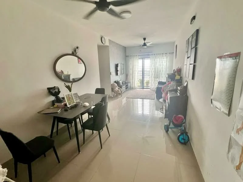 Living features: white painted walls, glossy tile flooring, 5-blade ceiling fan, round wall mirror, dining table with black chairs, sofa, curtains, wall-mounted TV, decorative wall art, area rug; style: modern; view: garden.