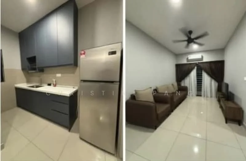 Kitchen features: grey cabinetry, white countertop, single-bowl stainless-steel sink, chrome pull-down faucet, built-in oven, stainless-steel fridge, ceramic tile flooring, wall-mounted cabinets, backsplash with beige tiles; style: modern. Living features: 3-seater fabric sofa in brown, coffee table, TV console, wall-mounted TV, ceiling fan, recessed lighting, ceramic tile flooring, curtains, decorative wall; style: modern.