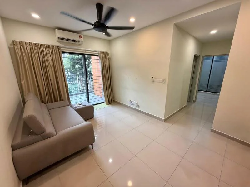 Living features: 3-seater fabric sofa in beige, floor-to-ceiling windows, sliding glass door, cream painted walls, white ceiling, recessed downlights, 5-blade ceiling fan, glossy tile flooring, curtains, access to balcony, wall-mounted air conditioning unit; style: modern; view: garden. Room features: cream painted walls, glossy tile flooring, white ceiling, recessed downlights, built-in wardrobe.