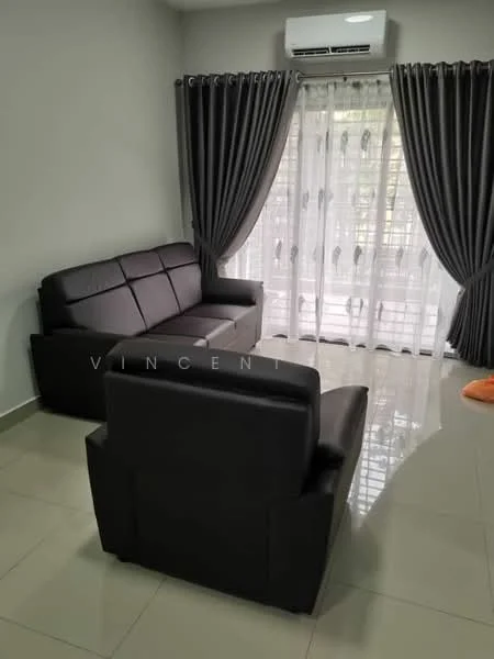 Living features: 3-seater fabric sofa in black, 2-seater fabric armchair in black, floor-to-ceiling windows with sheer curtains, grey curtains, glossy ceramic tile flooring, wall-mounted split AC, decorative wall with neutral paint, area rug, natural light from windows; style: modern.