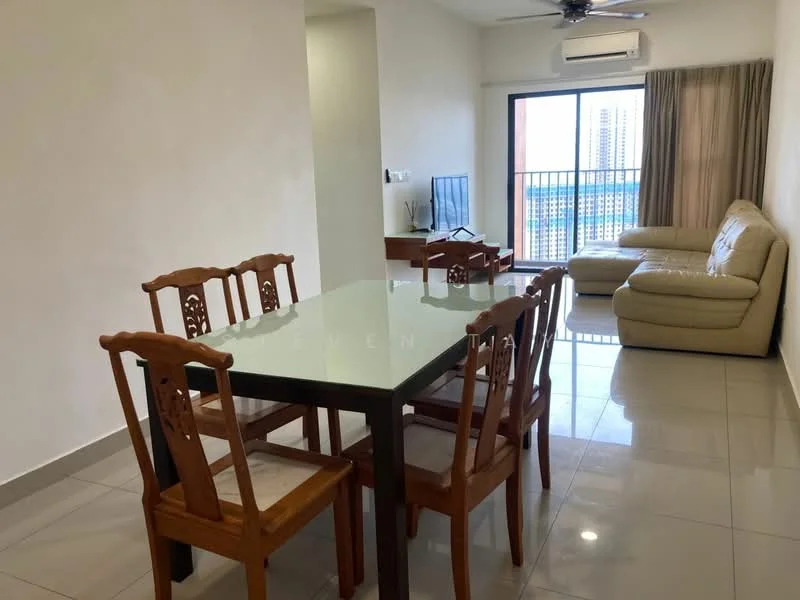 Dining features: 6-seater dining table with black glass top, wooden dining chairs, white painted walls, tile flooring, ceiling fan, floor-to-ceiling windows, curtains, sofa in beige, TV console, wall-mounted TV; style: modern; view: city.