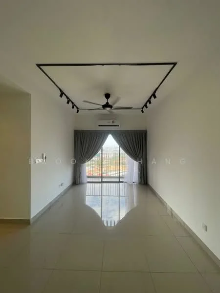 Living features: white painted walls, polished ceramic tile flooring, 5-blade ceiling fan with light, recessed downlights, floor-to-ceiling windows, sheer curtains, grey curtains, air conditioning unit; style: modern; view: city.