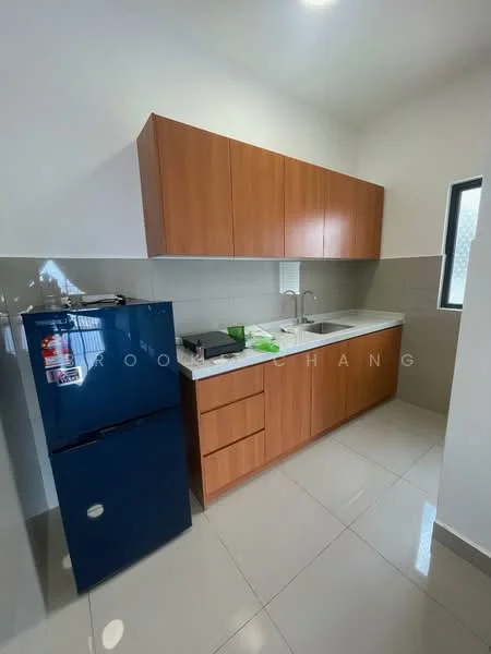 Kitchen features: brown wooden cabinetry, white countertop, stainless-steel sink, chrome faucet, blue fridge, grey tiled backsplash, white walls, glossy tile flooring, window with black frame, recessed ceiling lights; style: modern.