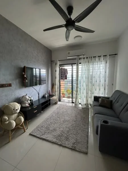 Living features: grey accent wall, white painted walls, polished tile flooring, 5-blade ceiling fan, wall-mounted TV, black TV console, sofa in grey, area rug in light grey, sheer curtains, floor-to-ceiling windows, decorative wall art, stuffed animals; style: modern; view: city.