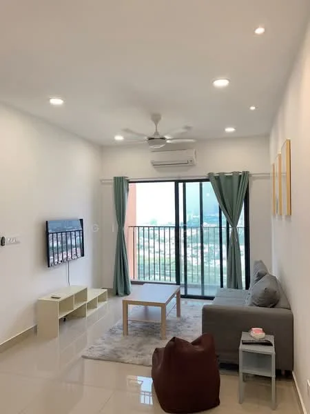 Living features: light grey fabric sofa, coffee table, area rug, wall-mounted TV, TV console, 5-blade ceiling fan with light, recessed downlights, floor-to-ceiling sliding glass door, curtains, white painted walls, glossy tile flooring, decorative wall art; style: modern; view: city.