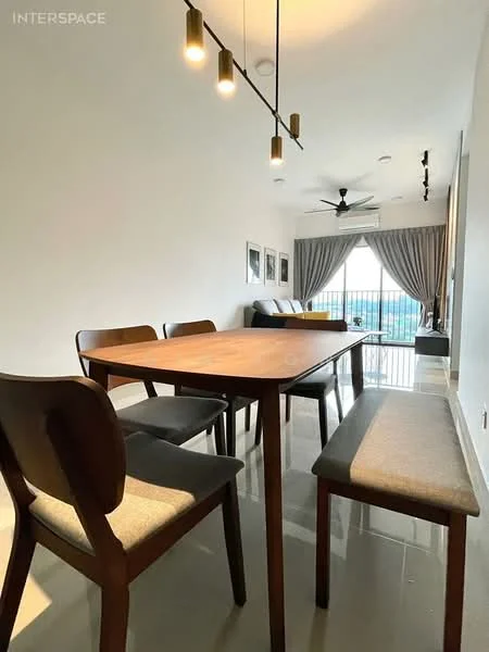 Dining features: wooden dining table, 4 wooden dining chairs, bench seating, pendant lighting with three bulbs, white painted walls, glossy tile flooring, floor-to-ceiling windows, city view, ceiling fan with light; style: modern; view: city.
