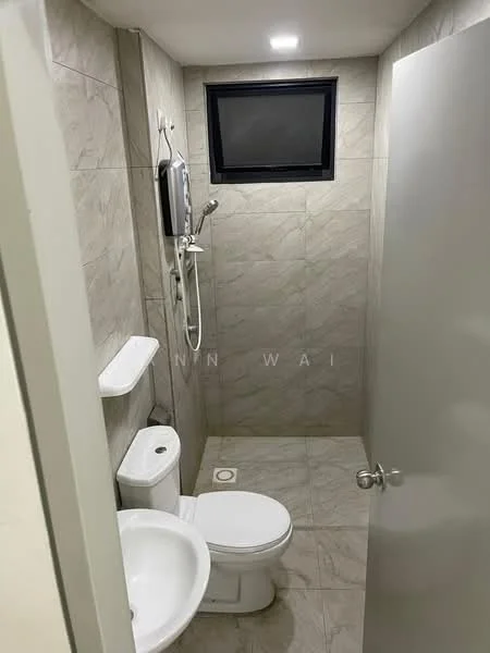 Bathroom features: grey marble tile flooring, grey marble tile walls, one-piece toilet, chrome basin mixer faucet, shower with handheld showerhead, wall-mounted shower control, small window, white wall-mounted shelf, light fixture, sliding door; style: modern.