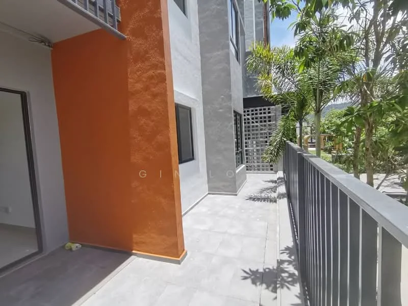 Exterior features: orange accent wall, grey painted facade, balcony with railing, paved flooring, tropical landscaping with palm trees, visible outdoor area; style: modern.