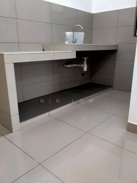 Laundry features: single-bowl stainless-steel sink, chrome pull-down faucet, grey tiled walls, light grey floor tiles, countertop with storage underneath, exposed plumbing, minimalist design; style: modern.