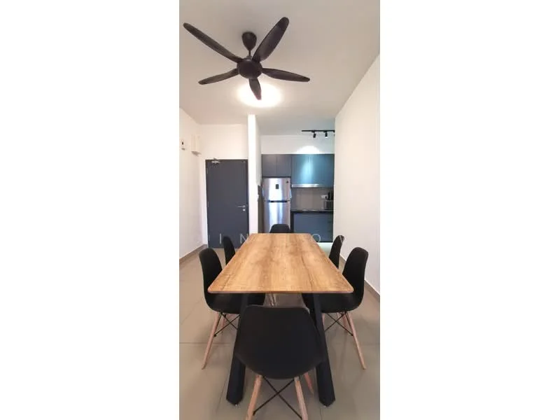 Dining features: 6-seater dining table, wooden tabletop, black dining chairs with wooden legs, 5-blade ceiling fan with light, white painted walls, grey tiled flooring, open layout to kitchen, recessed lighting; style: modern.