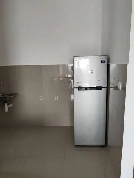 Kitchen features: stainless-steel fridge, single-bowl stainless-steel sink, grey tiled walls, light beige floor tiles, white painted walls, countertop space, electrical outlet, plumbing visible; style: modern.