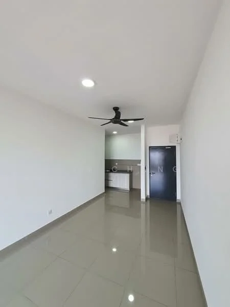 Living features: white painted walls, glossy ceramic tile flooring, 5-blade ceiling fan with light, recessed downlights, open layout to kitchen, door leading to hallway, large window for natural light; style: modern.