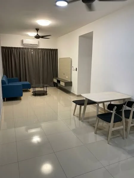 Living features: blue fabric sofa, glass coffee table, white dining table, 4 black dining chairs, wall-mounted TV console, air conditioning unit, grey curtains, polished ceramic tile flooring, ceiling fan with light, white painted walls, recessed ceiling lights; style: modern.