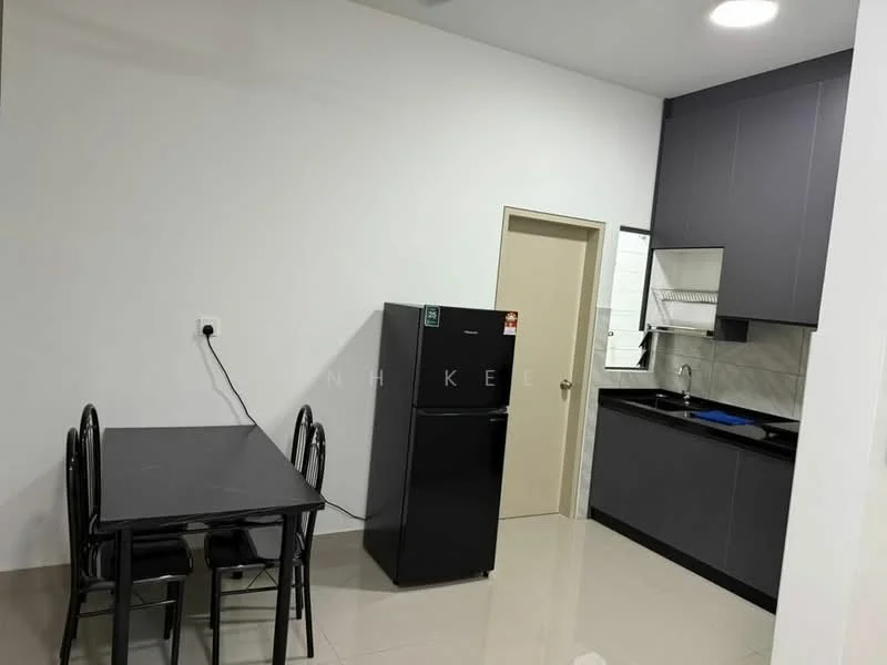 Kitchen features: black refrigerator, black countertop, stainless-steel sink, chrome pull-down faucet, grey cabinetry, white tiled backsplash, black stove, dining table with four black chairs, cream tiled flooring, white painted walls, recessed ceiling lights; style: modern.
