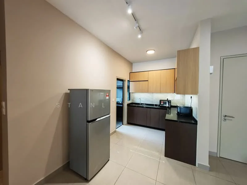 Kitchen features: stainless-steel fridge, brown cabinetry, black countertop, white tiled backsplash, built-in oven, microwave, single-bowl stainless-steel sink, chrome pull-down faucet, recessed downlights, ceramic tile flooring, cream painted walls; style: modern.