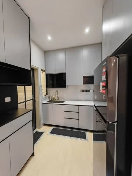 Kitchen features: grey cabinetry, black countertop, stainless-steel sink, chrome pull-down faucet, built-in oven, freestanding fridge, ceramic tile flooring, recessed downlights, wall-mounted cabinets, open shelving, black backsplash, kitchen island, two-tone cabinetry; style: modern.