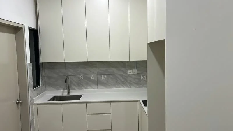 Kitchen features: white cabinetry with flat-panel doors, double-bowl stainless-steel sink, chrome pull-down faucet, white quartz countertop, grey tile backsplash, under-cabinet lighting, built-in oven, stainless-steel range hood; style: modern.