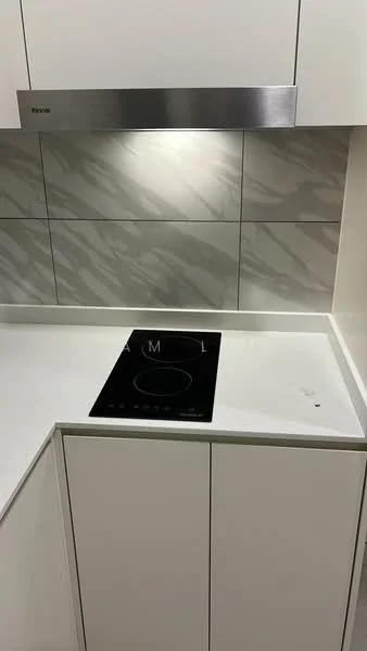 Kitchen features: white cabinetry, white countertop, induction cooktop, stainless-steel range hood, grey patterned backsplash, under-cabinet lighting; style: modern.