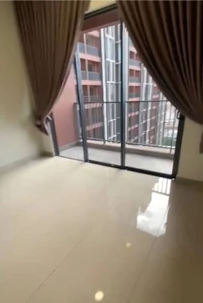 Room features: floor-to-ceiling sliding glass door, curtains, glossy tile flooring, neutral wall colour, balcony access, natural light from door, minimalist decor, no visible furniture; style: modern.