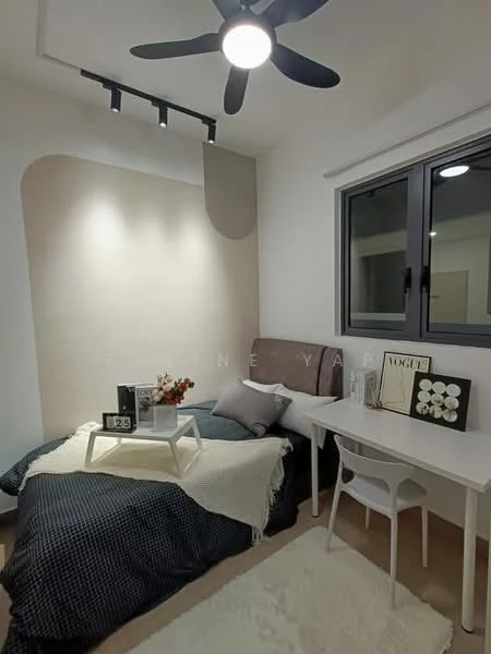 Bedroom features: queen-size bed with grey upholstered headboard, white bedding with textured throw, black and white patterned throw blanket, white bedside table, decorative vase with flowers, framed artwork on wall, white study desk, white chair, track lighting on ceiling, ceiling fan with light, large window with grey frame, neutral wall color with accent wall; style: modern.