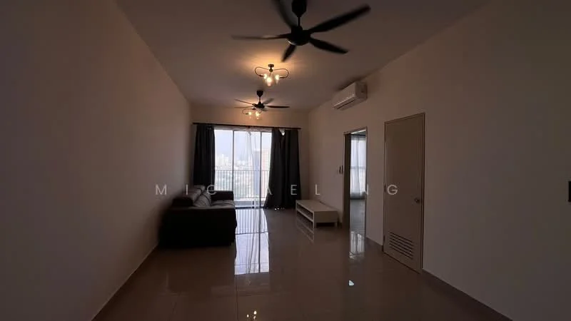 Living features: white painted walls, glossy tile flooring, 5-blade ceiling fan with light, 2 ceiling fans, floor-to-ceiling windows, blackout curtains, sofa in dark color, TV console, air conditioning unit, coffee table; style: modern; view: city.