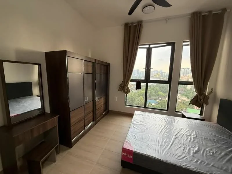 Bedroom features: queen-size bed, upholstered headboard, wooden wardrobe with sliding doors, dressing table with mirror, floor-to-ceiling windows, curtains, ceiling fan, tile flooring, decorative wall, city view; style: modern; view: city.