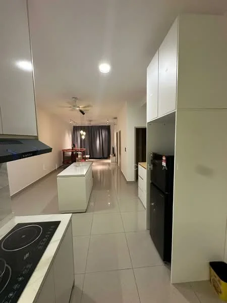 Kitchen features: white cabinetry, marble countertop, built-in oven, 4-burner gas hob, stainless-steel range hood, fridge, pendant light, recessed downlights, grey tile flooring, open layout, ceiling fan; style: modern. Living features: floor-to-ceiling windows, grey curtains, light-coloured walls, open layout, ceiling fan, recessed downlights; style: modern.