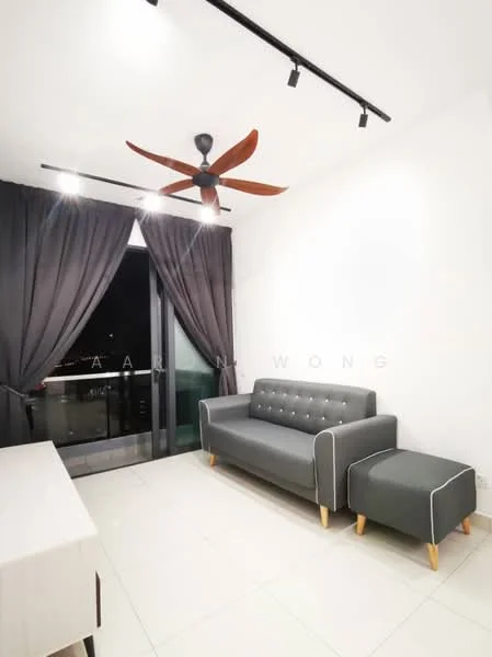 Living features: 3-seater fabric sofa in grey, wooden side table with white trim, ceiling fan with 5 blades, floor-to-ceiling windows, blackout curtains, recessed LED downlights, white walls, light-colored tiled flooring; style: modern; view: city.