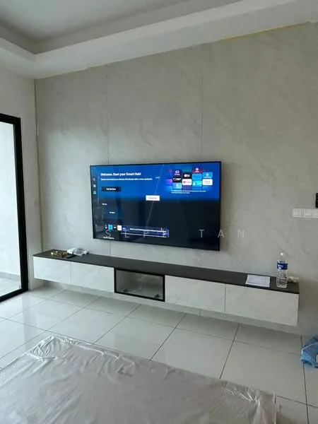 Living features: wall-mounted TV, TV console with storage, light-colored wall tiles, white painted walls, large window, sliding glass door, ceramic tile flooring, recessed ceiling lights; style: modern.