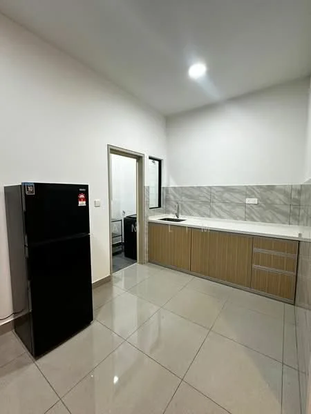 Kitchen features: black fridge, white countertop, wood cabinetry, grey tiled backsplash, grey floor tiles, single-bowl stainless-steel sink, chrome pull-down faucet, recessed LED downlights, wall-mounted cabinet, open space layout; style: modern.