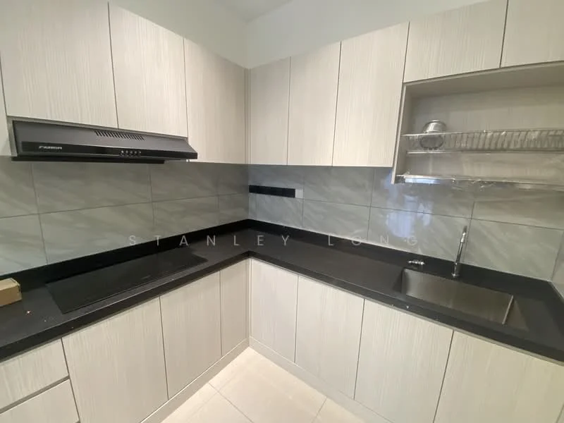 Kitchen features: black granite countertop, light wood cabinetry, stainless-steel sink, chrome pull-down faucet, built-in oven, ceramic tile backsplash, exhaust hood, grey wall tiles, white painted walls, recessed downlights, open shelving; style: modern.