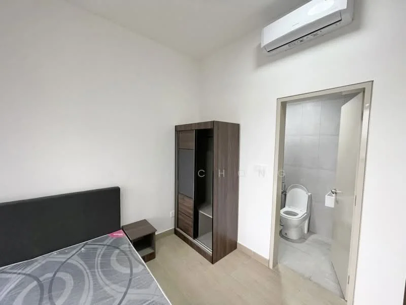 Bedroom features: queen-size bed, upholstered headboard, nightstand, built-in wardrobe, wall-mounted air conditioning unit, light-colored walls, wooden flooring, doorway leading to bathroom; style: modern. Bathroom features: one-piece toilet, wall-mounted toilet paper holder, grey tile flooring, grey wall tiles, sink with faucet.