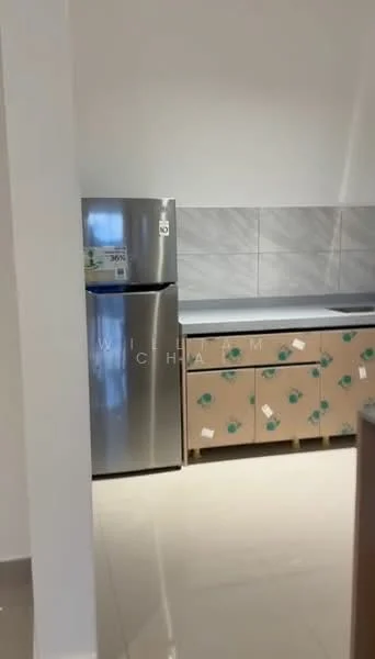 Kitchen features: stainless-steel fridge, laminate countertop, light grey tile backsplash, cream cabinetry with decorative handles, floor tiles, white painted walls, under-cabinet lighting; style: modern.