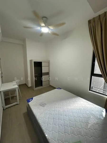 Bedroom features: queen-size bed with mattress, 5-blade ceiling fan with light, white painted walls, laminate flooring, window with curtain, built-in wardrobe, study desk, white chair; style: modern.
