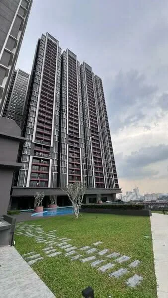 Exterior type: high-rise condominium; features: glass curtain wall facade, projecting balconies, approximately 20-storey high-rise, manicured lawn, stone-paved walkway, swimming pool deck, landscaped garden, surrounded by mature greenery; style: modern.